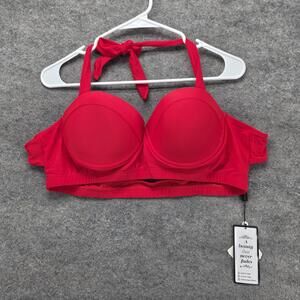 Retro Stage Bikini Top Womens 2XL Red Halter Bow Built-In Bra Padded Lined